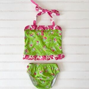 CHEEKY PLUM VGUC Lime Green & Hot Pink Rosette Ruffle Halter 2PC Swimsuit
